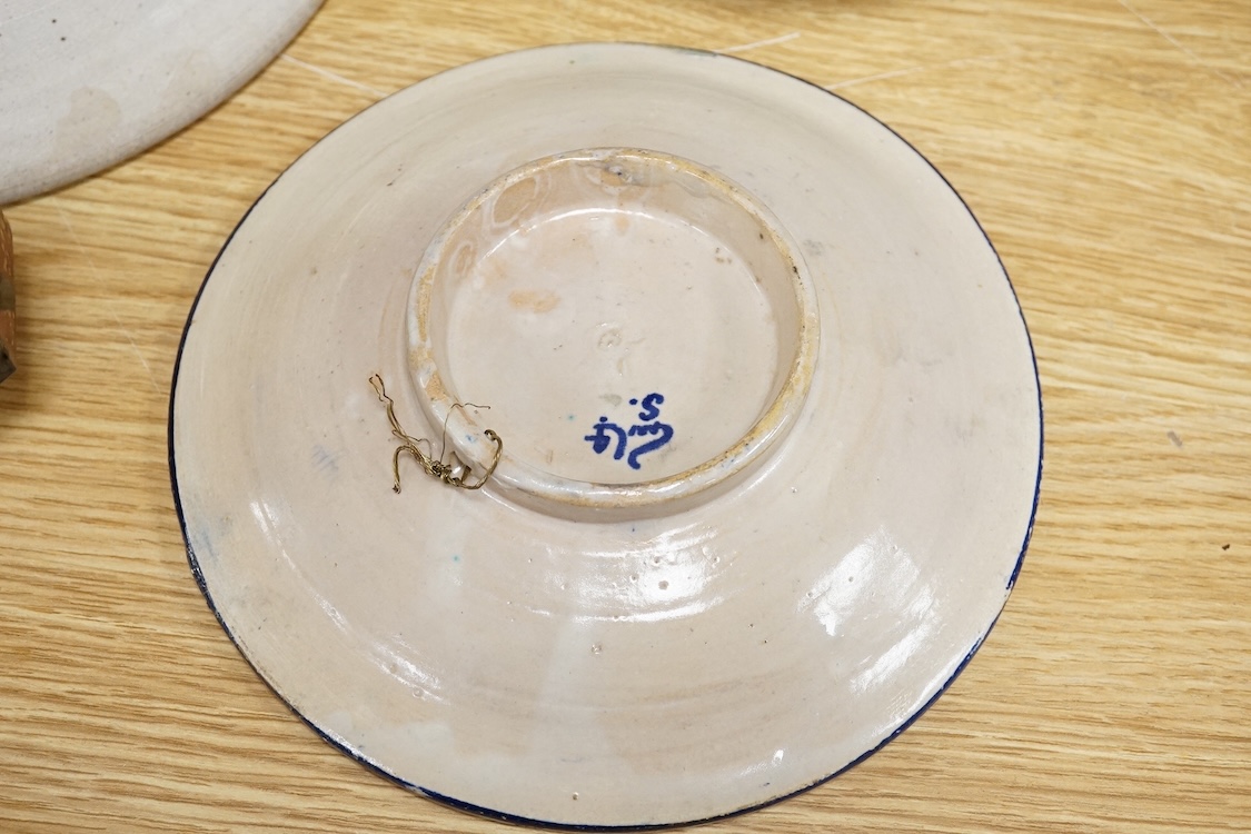 A group of five pieces of Studio pottery, some with impressed signatures to include a hexagonal jar and dishes, largest 25cm high